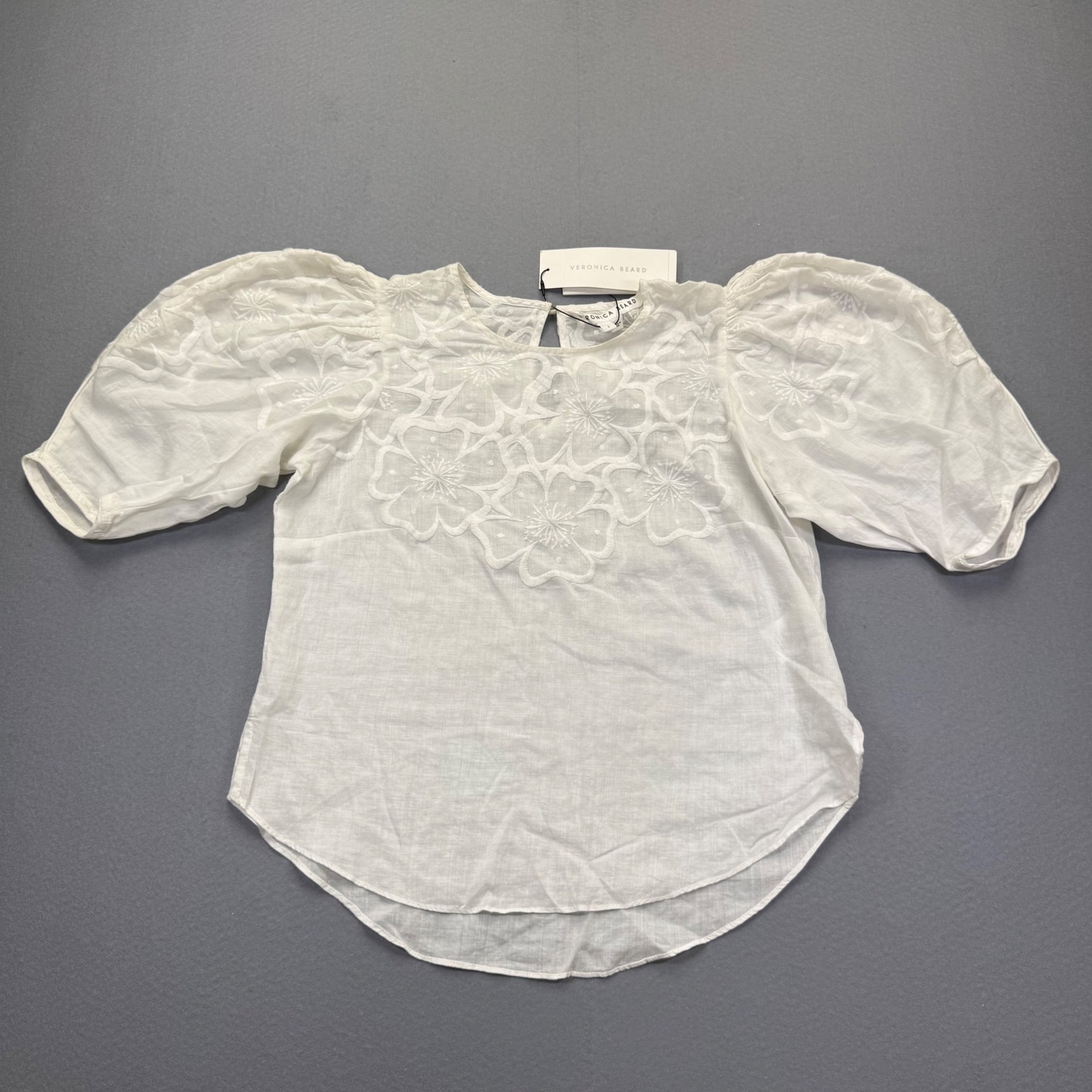 Veronica Beard Kamryn Top White Embroidered Ramie Puff Sleeve Blouse Sz 2 Read